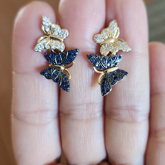 Dainty Blue Sapphire & Diamond Hoop Drop Earrings 14k Yellow  New 18K Gold Plated Blue Sapphire Diamond Hoop Butterfly Earrings for Women